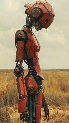 a red robot standing in the middle of a field with his head turned to look like he's holding something