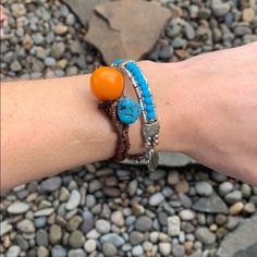 Bohemian, Gypsy, Tribal Bracelets Bundle Of 2!! 1st Bracelet: Tibetan Silver W/Turquoise Bangle W/Feather Charm Lobster Claw Clasp 2nd Bracelet: Faux Leather Twine, Woven Bracelet W/Turquoise Stone & Orange Brand Stone & Loop Closure Both Bracelets Are For About A 6.5” Wrist, Max Brand New! C47 Adjustable Bohemian Wrap Bracelet, Adjustable Bohemian Wrap Bracelet For Festivals, Bohemian Brown Bracelets For Festival, Bohemian Turquoise Beaded Bracelets, Bohemian Brown Beaded Bracelets, Bohemian Brown Bracelets, Bohemian Orange Bracelets For Festivals, Turquoise Beaded Bohemian Wrap Bracelet, Orange Bohemian Bracelets For Festivals