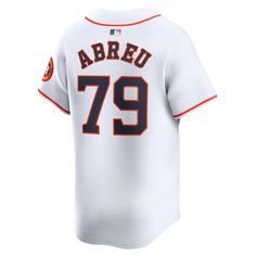 Rep your favorite Houston Astros player with this Jose Abreu Home Limited Player Jersey. This piece is inspired by the same jerseys your favorite player wears on the field, so you can feel like you're the one stepping into the diamond the next time you're at the ballpark. The breathable, moisture-wicking fabric will keep you cool and dry on those hot summer days. Heat-sealed twill front logo or wordmark with zigzag stitching Nike Limited Full-button front This item is non-returnable Embroidered Nike Baseball Jersey With Team Name For Baseball Season, Nike Baseball Jersey With Team Logo, Nike Baseball Jersey For Game Day, Nike Team Jersey With Logo, Nike Collegiate Jersey With Team Name, Nike Team Jersey For Team Events, Nike Sports Season Jersey For Fans, Nike Sports Fan Jersey, Nike Sports Jersey For Sports Season