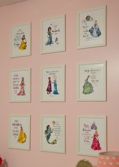 there are many disney princess pictures on the wall