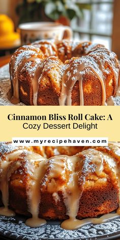 cinnamon bliss roll cake on a plate with icing drizzled over it