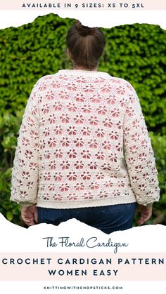 the crochet cardigan pattern is shown with text that reads, the floral cardigan