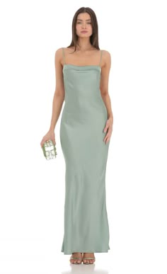 Satin Open Back Maxi Dress in Sage | LUCY IN THE SKY Lucy In The Sky Green Dress, Wedding Guest Sage Green, Sage Green Maxi Dress, Formal Event Dresses, Green Evening Gowns, Slay Outfits, Sage Dress, Open Back Maxi Dress, Maid Of Honour Dresses