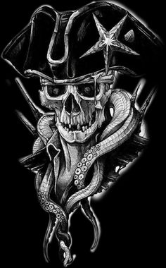 a skull wearing a pirate hat with an octopus on it's chest and two swords in its mouth