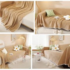 four pictures of a couch covered in a blanket