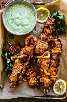 grilled chicken skewers with lemon and cilantro sauce