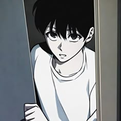 an anime character with black hair and white shirt looking out from behind a door in front of him