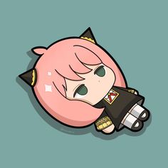 an anime character laying on top of a pink pig with green eyes and black hair