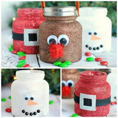 three different pictures of mason jars decorated to look like santa clause and snowman faces