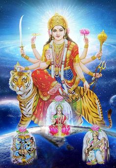 the hindu goddess sitting on top of a tiger