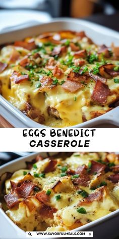 an egg benedict casserole in a white dish with bacon and cheese on top