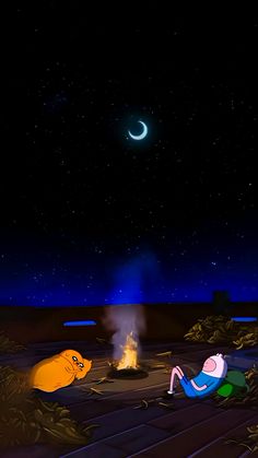 two cartoon characters sitting around a campfire at night