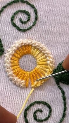 someone is working with yarn on a piece of cloth