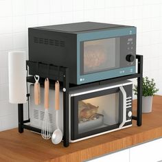 two microwaves with food cooking in them on a counter