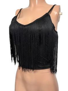 Y2K Black Fringed Front Crop Top S New adj straps cami | eBay