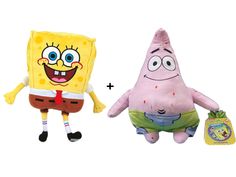 spongebob and patrick plush toys are shown in two different poses, one with an open mouth