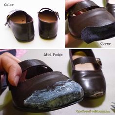 DIY Shoe Repair -- How to Repair Shoes {Don't throw out your little girl's scuffed shoes, give them a new life with glitter and Mod Podge!} OneCreativeMommy.com Scuffed Shoes, Diy Winter Clothes, Repair Shoes, Clothing Repair, Shoe Makeover