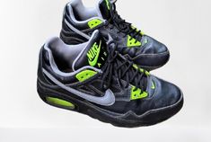 Vintage black green neon athletic shoes sneakers Nike Air unisex  Size 36.5 EU/ 4.5 Y US/ 4 UK/ 23.5 cm/ 9.25" Condition - good vintage 9/10 Label: NIKE AIR Leather, artificial materials Thank you for visit my retro shop :) I send with registered post or couriers, if you need extra shipping Neon Green Sneakers, Sneakers Nike Air, Sneaker Nike, Baskets Nike, Retro Shop, Shoes Sneakers Nike, Green Neon, Sport Sneakers, Sneakers Athletic