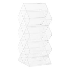 a clear acrylic display unit with six shelves and four bins on each side