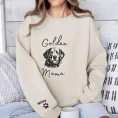 Embrace your love for your Golden Retriever with our cozy and stylish "Dog Mama" sweatshirt from Bella Canvas. This custom design by Magnolia Pet is perfect for every proud dog mom. Made from soft and durable fabric, this sweatshirt is perfect for casual outings, dog walks, or just lounging at home. Material: 52% Airlume combed and ring-spun cotton, 48% polyester Fit: Unisex sizing (true to size) Design: High-quality print featuring  Dog graphic  Care: Machine wash cold, tumble dry low Size Guid Golden Retriever Mom, Golden Labrador, Sweater Ideas, Dog People, Dog Lover Shirt, Dog Mama, Split Maxi Dress, Mama Sweatshirt, Personalized Dog