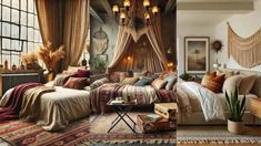 there are two pictures of a bedroom with curtains and pillows on the bed, one is decorated in bohemian style