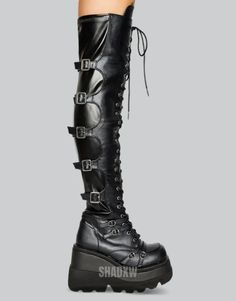 Type: Techwear boots Design: Techwear, Punk, Military Materials: Synthetic leather No box included For women Goth Knee High Platform Boots: Elevate Your Style Literally and Figuratively When it comes to making a bold fashion statement, few items are as instantly iconic as the Goth Knee High Platform Boots. Not only do they elevate your physical stature with their generous platform, but they also raise your style quotient to new, uncharted heights. The knee-high design ensures that your legs are Techwear Boots, Leg Accessories, Military Clothes, High Platform Boots, Boots Design, Knee High Platform Boots, Techwear Outfits, Goth Shoes, Gothic Shoes