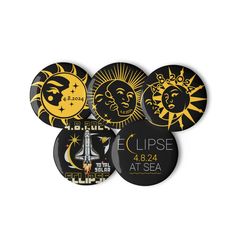 six badges with the sun and moon on them, all in black and yellow colors