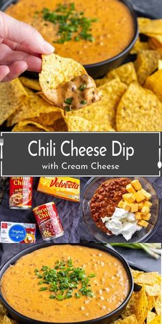 chili cheese dip with cream cheese and tortilla chips