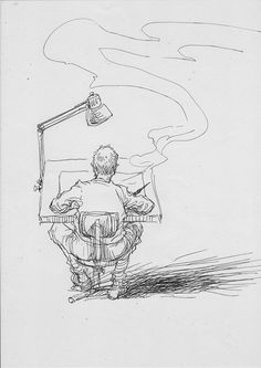 a drawing of a man sitting in a chair with a lamp on top of his head