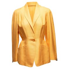 Vintage yellow silk blazer by Thierry Mugler. Circa 1988. Shawl collar. Dual hip pockets. Single front button closure. 35" bust, 15.5" shoulder width, 24" sleeve length, 26.5" length. Silk Blazer, Yellow Blazer, Yellow Silk, Thierry Mugler, Vintage Yellow, Shawl Collar, Vintage Stil, Shawl, Chanel