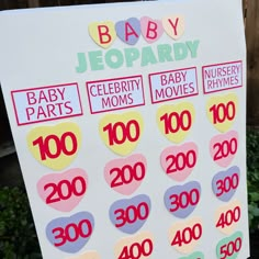 a baby shower sign with hearts and numbers on it