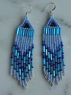 blue and white beaded earrings with silver beads