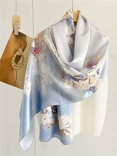 Top Rated Pure Mulberry Satin Silk Shawl Neckerchief Flower Print Oblong Scarf 170cm Blue, Women's Scarves Wraps Summer Work Outfits, Summer Work, Silk Shawl, Satin Silk, The Shade, Flower Print, Silk Satin, Work Outfits, Flower Prints