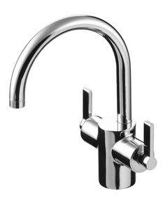 a chrome faucet with two handles and nozzles