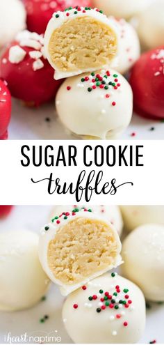 sugar cookie truffles with sprinkles on them and the words, sugar cookie truffles