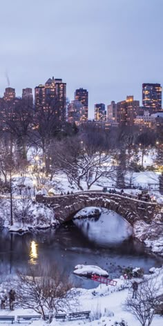 a bridge over a river with snow on the ground and city lights in the background