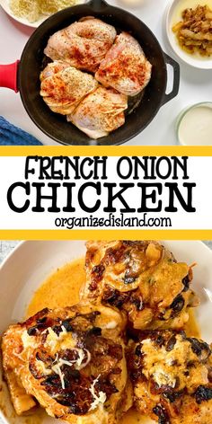 french onion chicken in a skillet with sauce