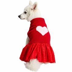 a white dog wearing a red sweater with a heart on it