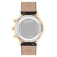 This contemporary men's watch from Movado Museum Sport collection is sure to turn heads. The watch is 42mm in diameter and features a yellow gold PVD stainless steel case, gold-tone bezel, black chronograph dial, Swiss quartz movement and date window at 4 o'clock. A buckle clasp secures the black leather strap, and the watch is water-resistant to 30 meters. Gold Chronograph Watch With Subdials For Business, Gold Chronograph Watch With Leather Strap, Yellow Gold Leather Watch With Metal Dial, Yellow Gold Leather Watch With Round Dial, Yellow Gold Watches With Metal Dial And Leather Band, Yellow Gold Watches With Metal Dial And Leather Strap, Yellow Gold Chronograph Watch With Round Dial, Gold Chronograph Watch With Round Dial For Business, Gold Chronograph Watch For Business