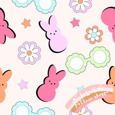 a pink background with bunny ears, stars and flowers