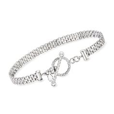 Ross-Simons - Italian Sterling Silver Bismark-Link Toggle Bracelet. 8". Wrap your wrist with our sleek Bismark-link bracelet! From Italy and crafted in high-polished sterling silver, this stacked style features a chic woven pattern and finishes with a stylish and functional toggle clasp. Sterling silver Bismark-link bracelet. Essential Jewelry, Jewelry Presentation, Fine Jewelery, Mixed Metal Jewelry, Jewelry Styles, Jewelry Clasps, Toggle Bracelet, Jewelry Essentials, Woven Pattern