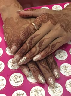 Nail Inspo For Indian Wedding, Nail Extension Shapes, Wedding Nail Extension Designs, Indian Engagement Nails, Bridal Nails With Mehendi, Engagement Nails Ideas Indian, Nail Extensions For Engagement, Nails For Marriage, Simple Nail Extensions