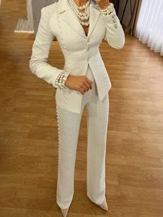 Elegant Lapel Collar Regular Fit Blazer | stylewe Elegant White Slim Fit Bottoms, Elegant Tailored Dress Pants, Elegant Wide Leg Pantsuit, Elegant Tailored Pants For Office, Elegant Tailored Office Pants, Elegant Formal Suits With Long Pants, Elegant Formal Pantsuit, Elegant Business Suits With Long Pants, Elegant Single-breasted Formal Pants