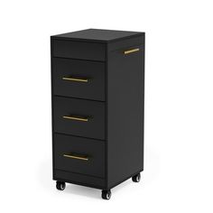 a black filing cabinet with three drawers and gold handles on casteors, against a white background