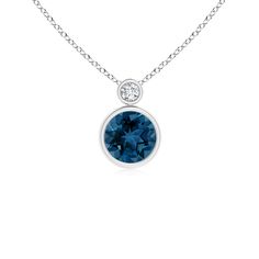 The round London blue topaz exudes a striking hue, while the sparkling diamond on the top adds to its beauty. Both the gemstone and the diamond are bezel set, exuding sophisticated elegance on this solitaire necklace. This stunning London blue topaz and diamond pendant is crafted in enduring 14k white gold. Blue Diamond Birthstone Necklace, Blue Round Diamond Birthstone Necklace, Blue Diamond Round Birthstone Necklace, Round Topaz Necklaces With Diamond Accents, Round Topaz Necklace With Diamond Accents, Blue Diamond Birthstone Necklace For Anniversary, Blue Round Single Diamond Jewelry, Solitaire Necklace, Sparkling Diamond