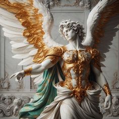 an angel statue with gold and white wings