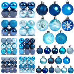 twelve different blue and silver christmas ornaments