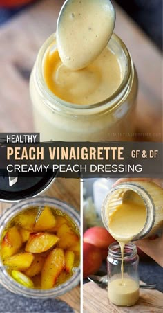 peach vinaigrette ice cream is being drizzled with vanilla syrup