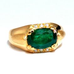 Mens Natural Emerald Ring. 2.80ct. Natural Oval Cut, Emerald Ring Emerald: 10 X 7mm Transparent & Vivid Green .12ct. Diamonds. Round & Full Cuts G-Color Vs-2 Clarity. 16kt. Yellow Gold 6.4 Grams Ring Current Size: 8 Depth Of Ring: 5.3mm Diameter Deck Of Ring: 10mm (Free Resize Service, Please Inquire) $8,000 Appraisal Certificate To Accompany Oval Emerald Ring, Mens Emerald Rings, Natural Emerald Rings, Diamond Cluster Earrings, Emerald Rings, Fancy Yellow Diamond, Ruby Diamond Rings, Mens Gold Bracelets, Ring Emerald