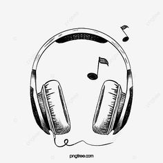 headphones with music notes on them, black and white drawing, illustration png and psd